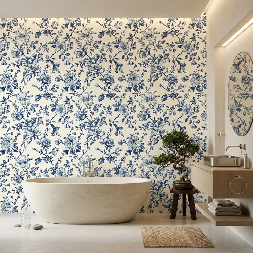 Azure Eden chinoiserie pagoda wallpaper creating ambiance in a serene bathroom