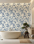 Azure Eden chinoiserie pagoda wallpaper creating ambiance in a serene bathroom