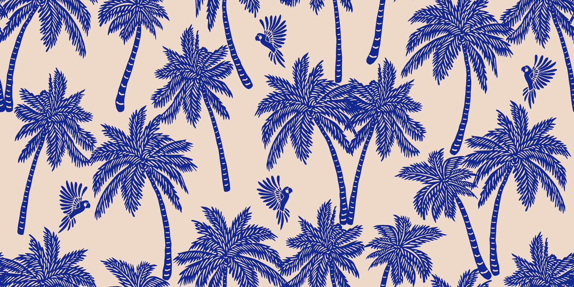 Tropical palm tree wallpaper pattern with hand illustrated palm trees and birds in deep blue on a warm neutral background.