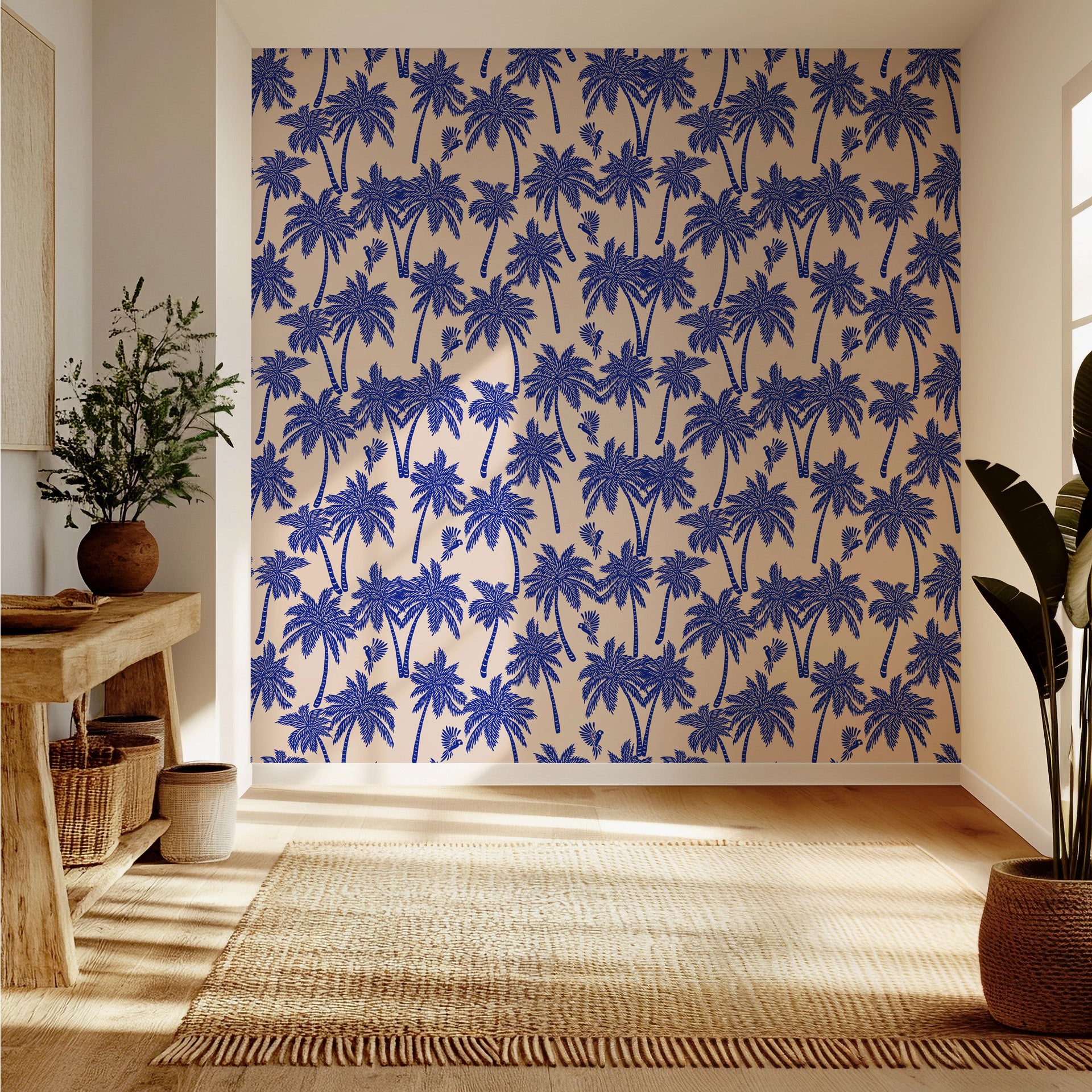 Tropical botanical wallpaper styled in a hallway, delivering a striking coastal look with elegant palm illustrations.