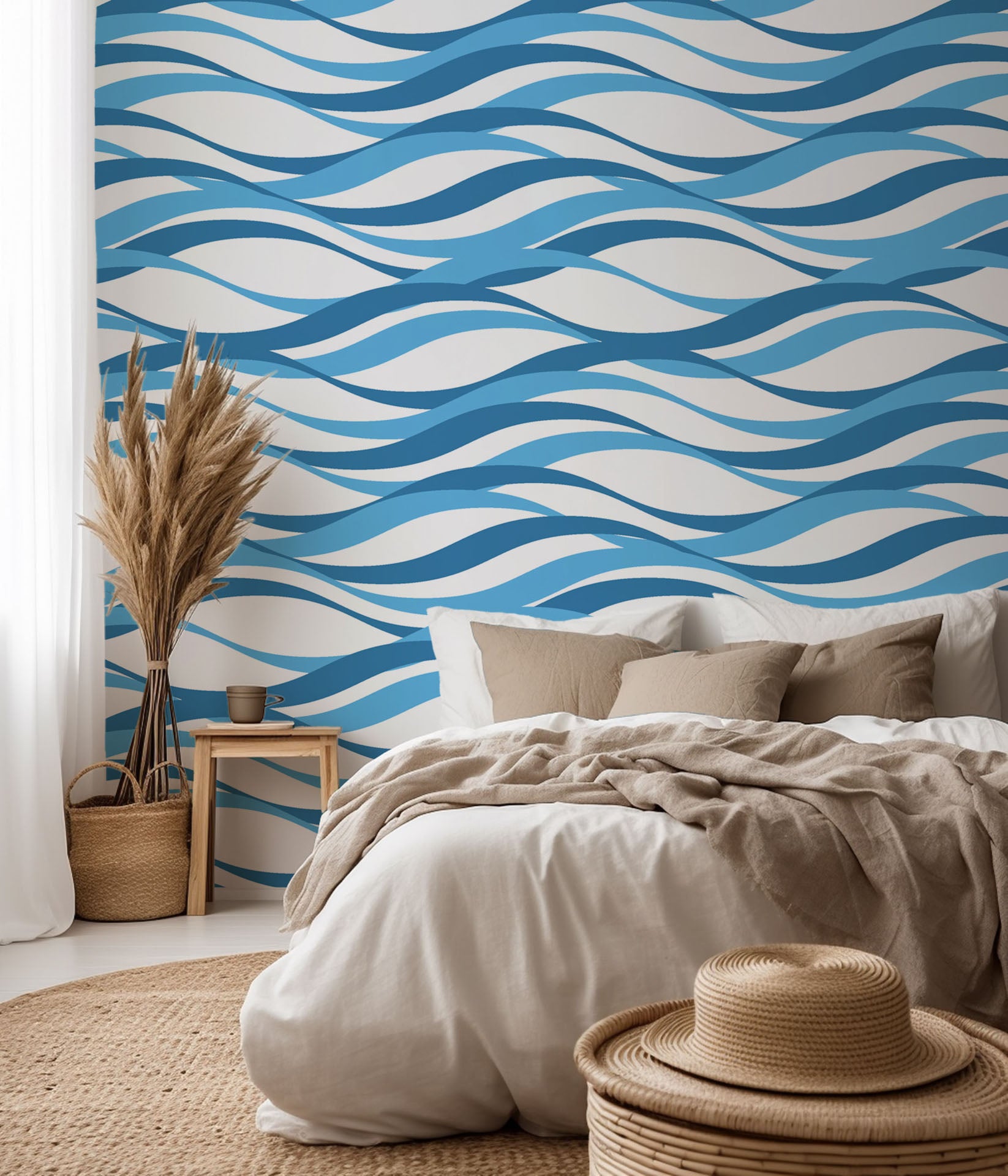 Self-adhesive wall covering featuring a maritime wave design in blue and white