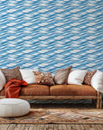 Self-adhesive wall covering featuring a coastal blue and white wave design, product name Azure Flow