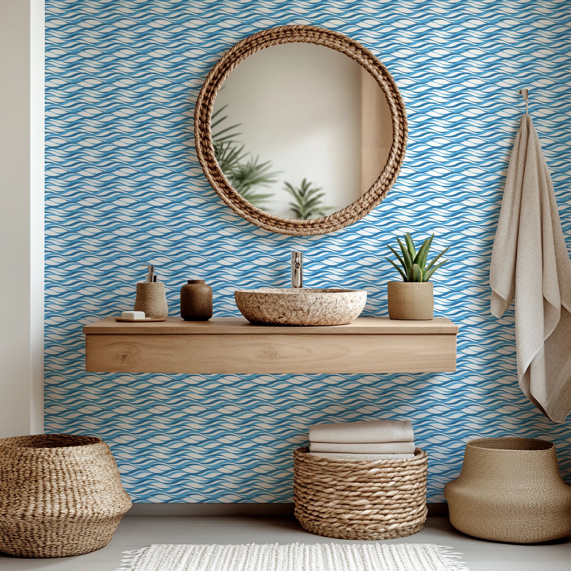 Self-adhesive wall covering featuring a marine wave motif in white and shades of blue