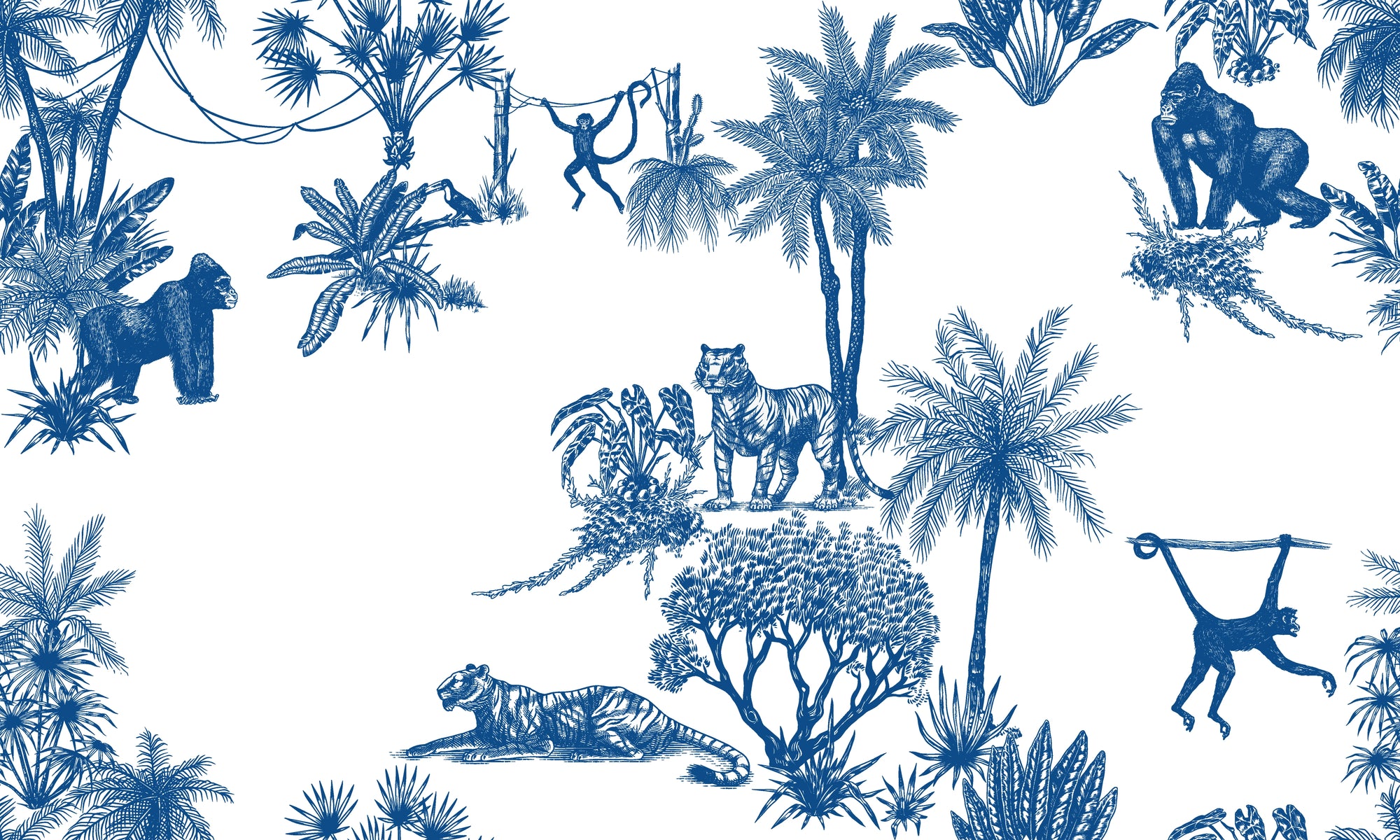 Smooth blue tropical jungle toile peel and stick wallpaper - Azure Palms