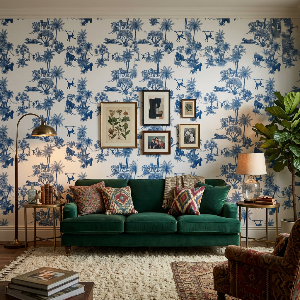 Azure Palms blue tropical jungle toile wallpaper in a warm and inviting living room
