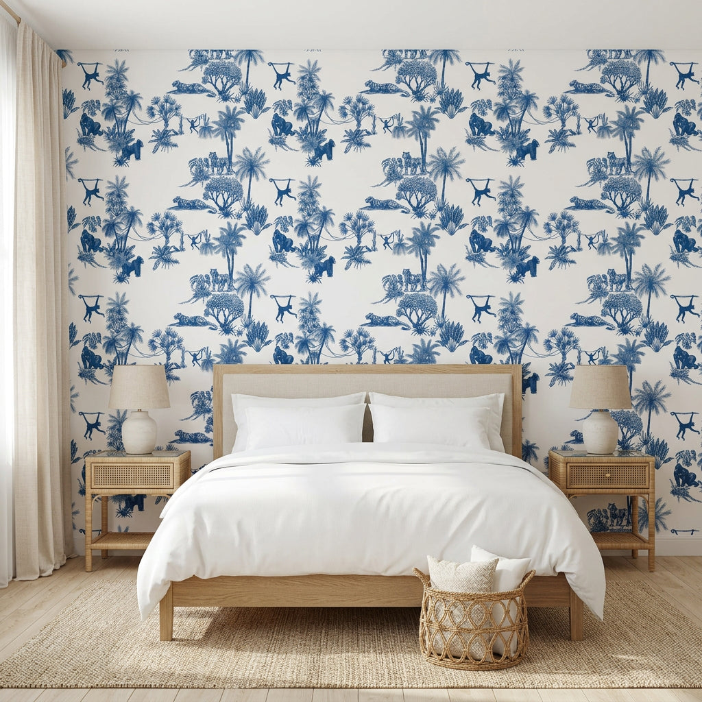 Azure Palms blue tropical jungle toile wallpaper adding character to a cozy bedroom