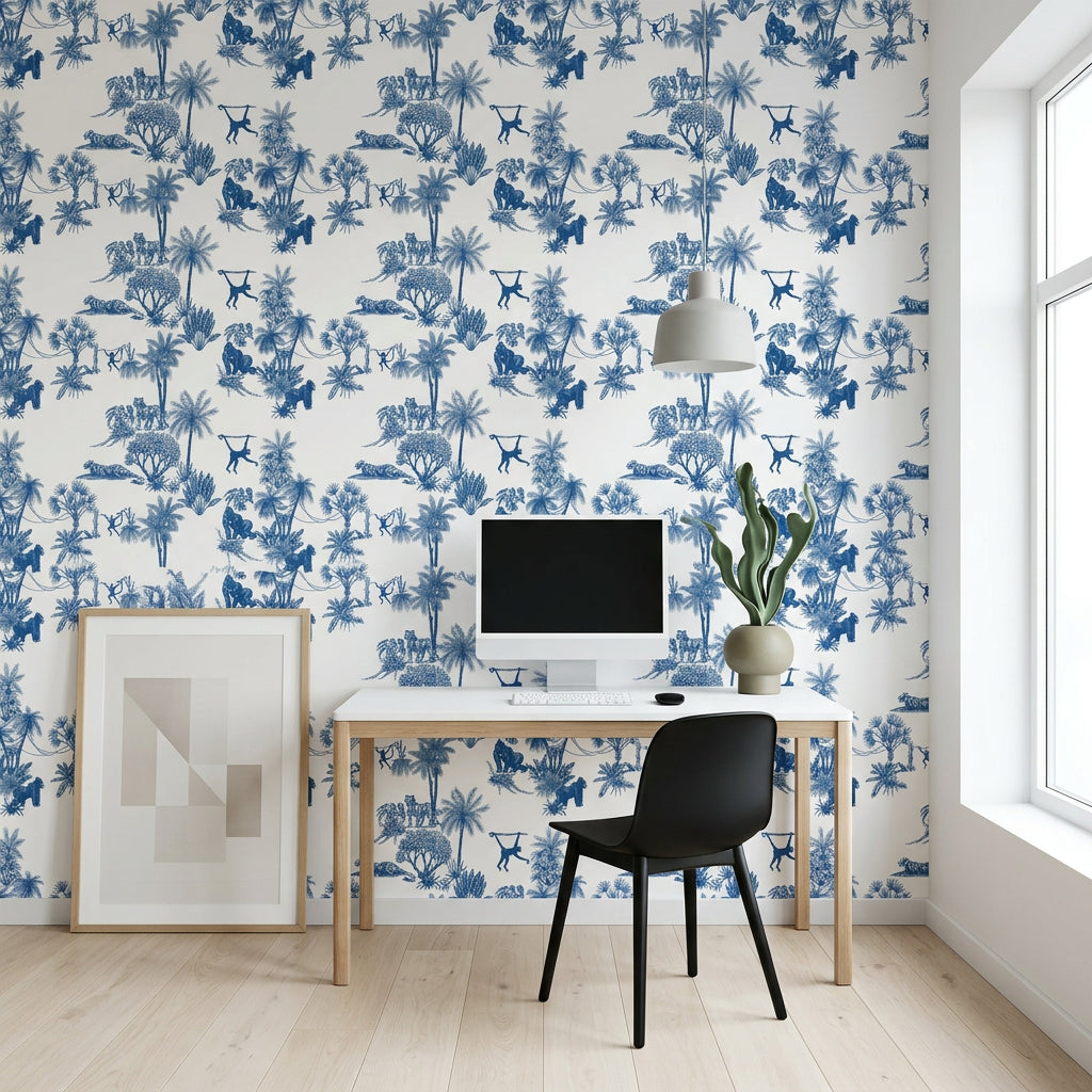 Azure Palms blue tropical jungle toile wallpaper as a feature wall in a bright home office