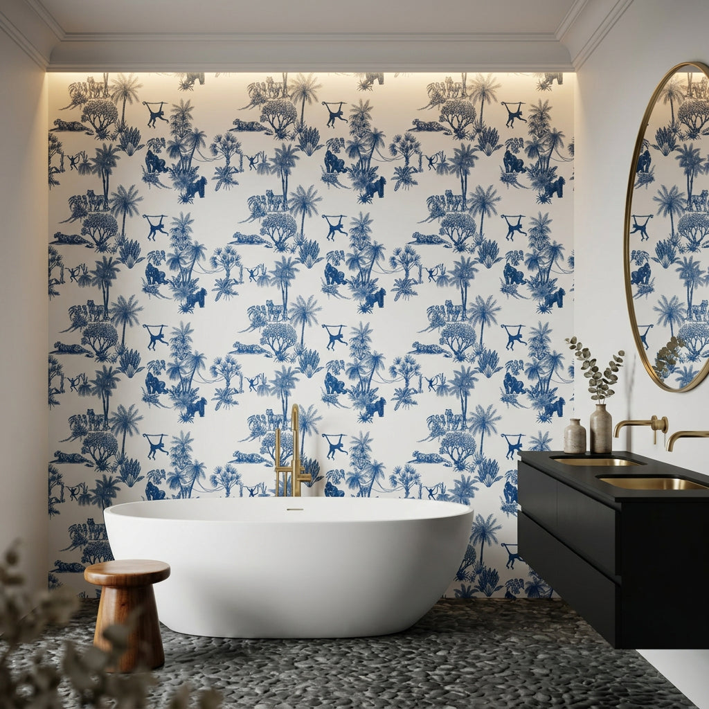 Azure Palms blue tropical jungle toile wallpaper creating ambiance in a serene bathroom