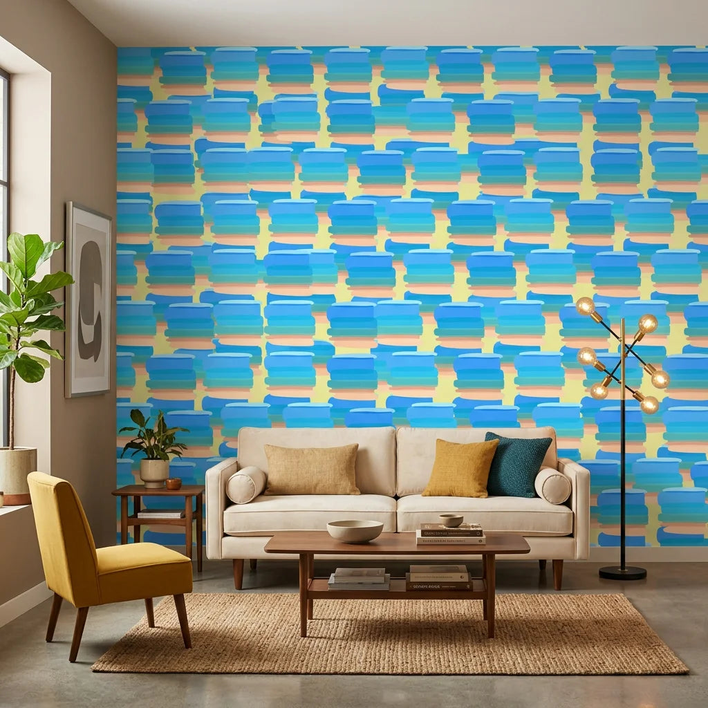 Azure Stacks blue and peach abstract brush stroke wallpaper in a warm and inviting living room
