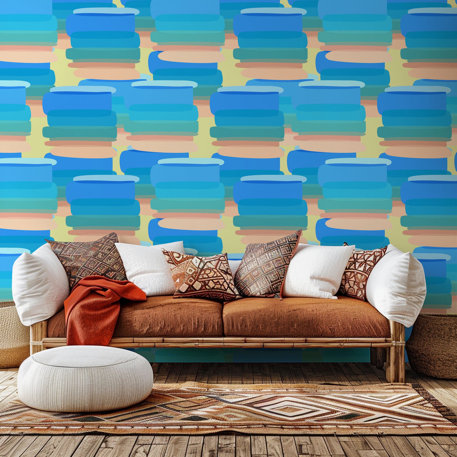 Modern abstract wall covering featuring layered blue and peach paint marks