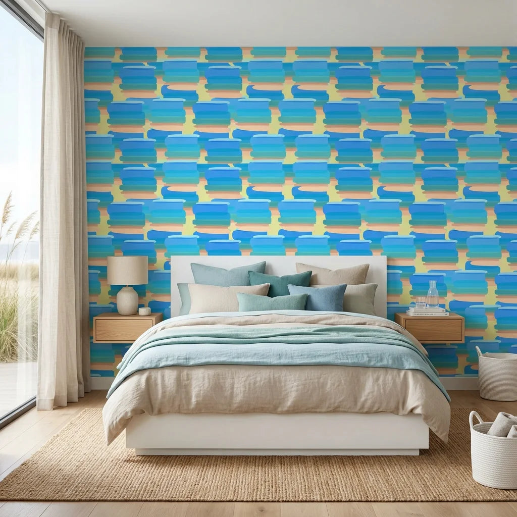 Azure Stacks blue and peach abstract brush stroke wallpaper adding character to a cozy bedroom