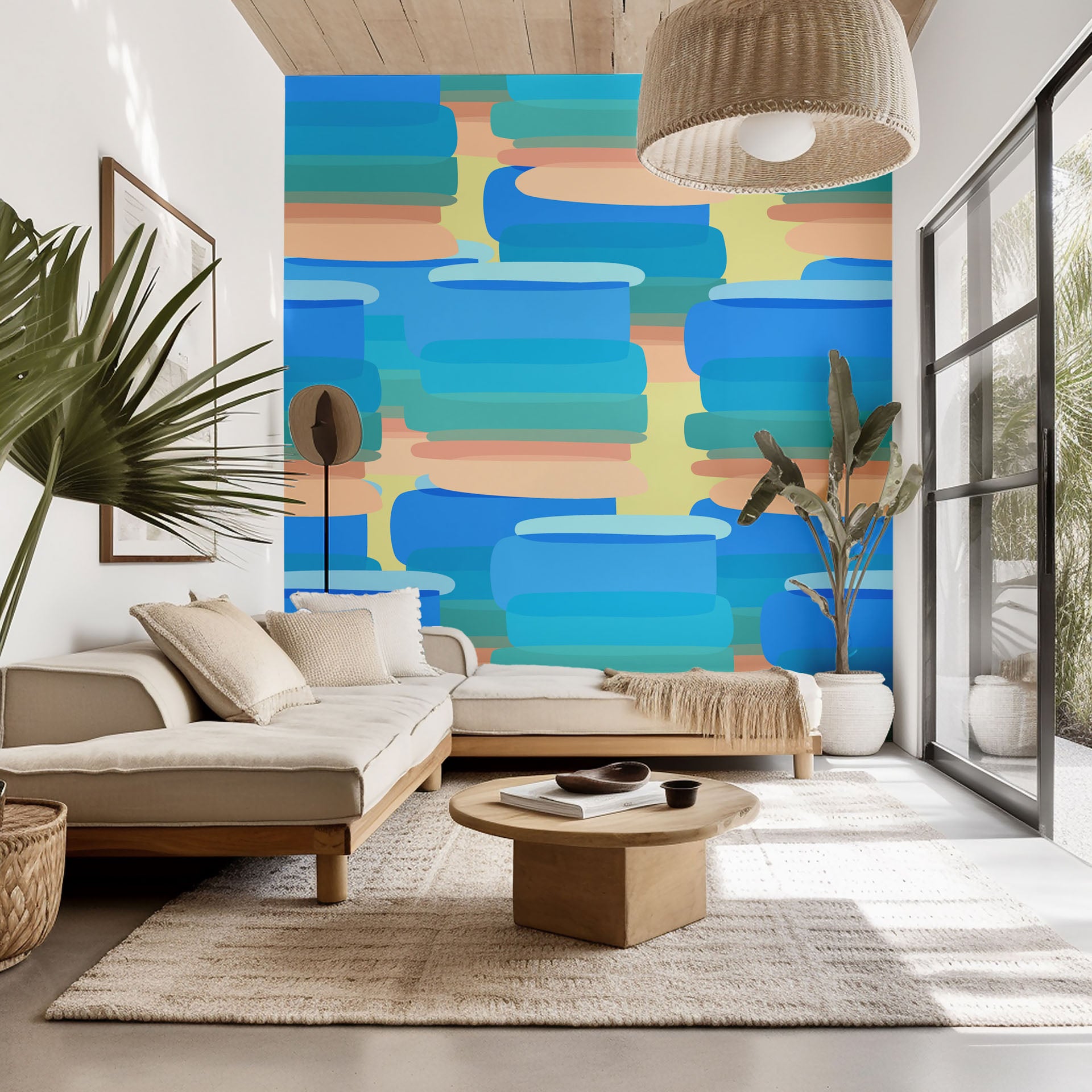 Abstract modern wallpaper featuring stacked peach and blue brushstrokes - Azure Stacks