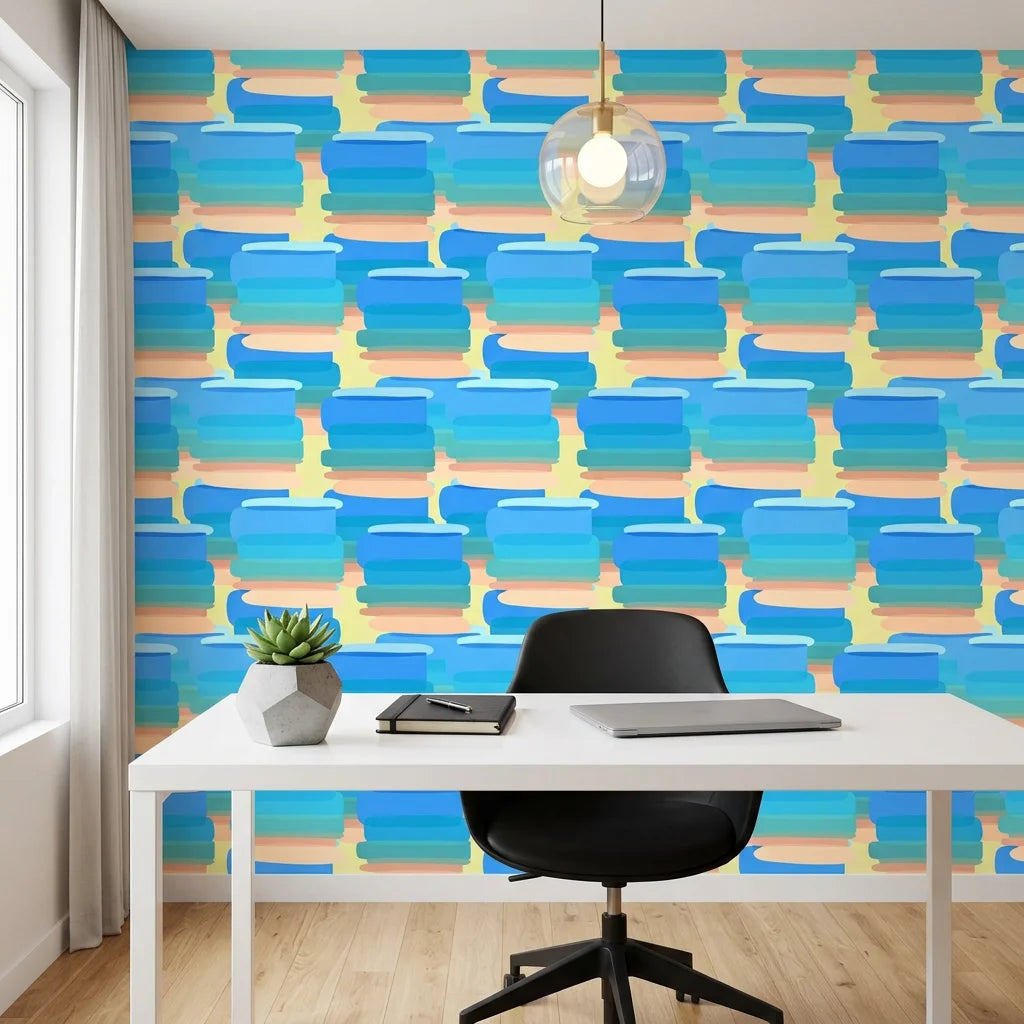 Azure Stacks blue and peach abstract brush stroke wallpaper as a feature wall in a bright home office