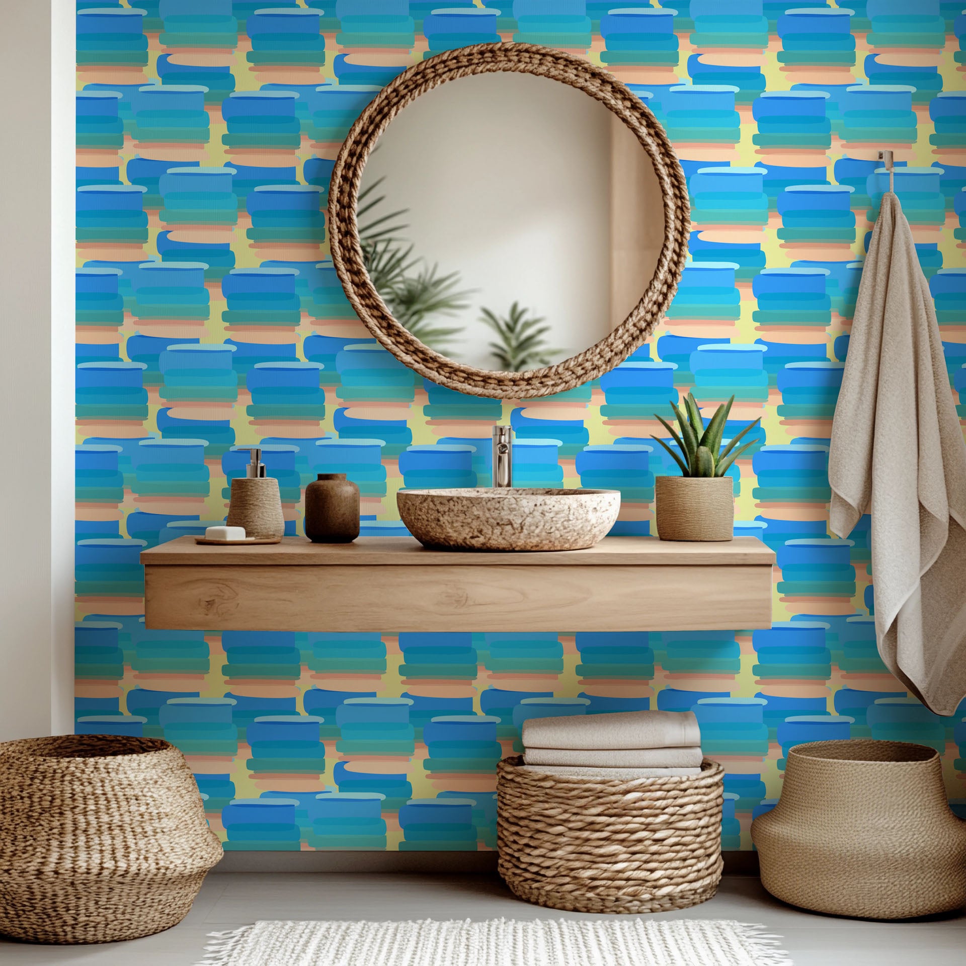 Contemporary painterly wall covering featuring layered blue and peach strokes - Azure Stacks design