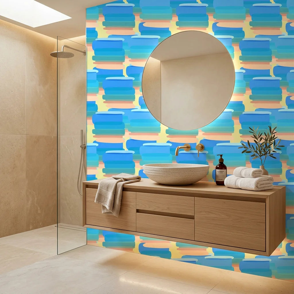 Azure Stacks blue and peach abstract brush stroke wallpaper creating ambiance in a serene bathroom