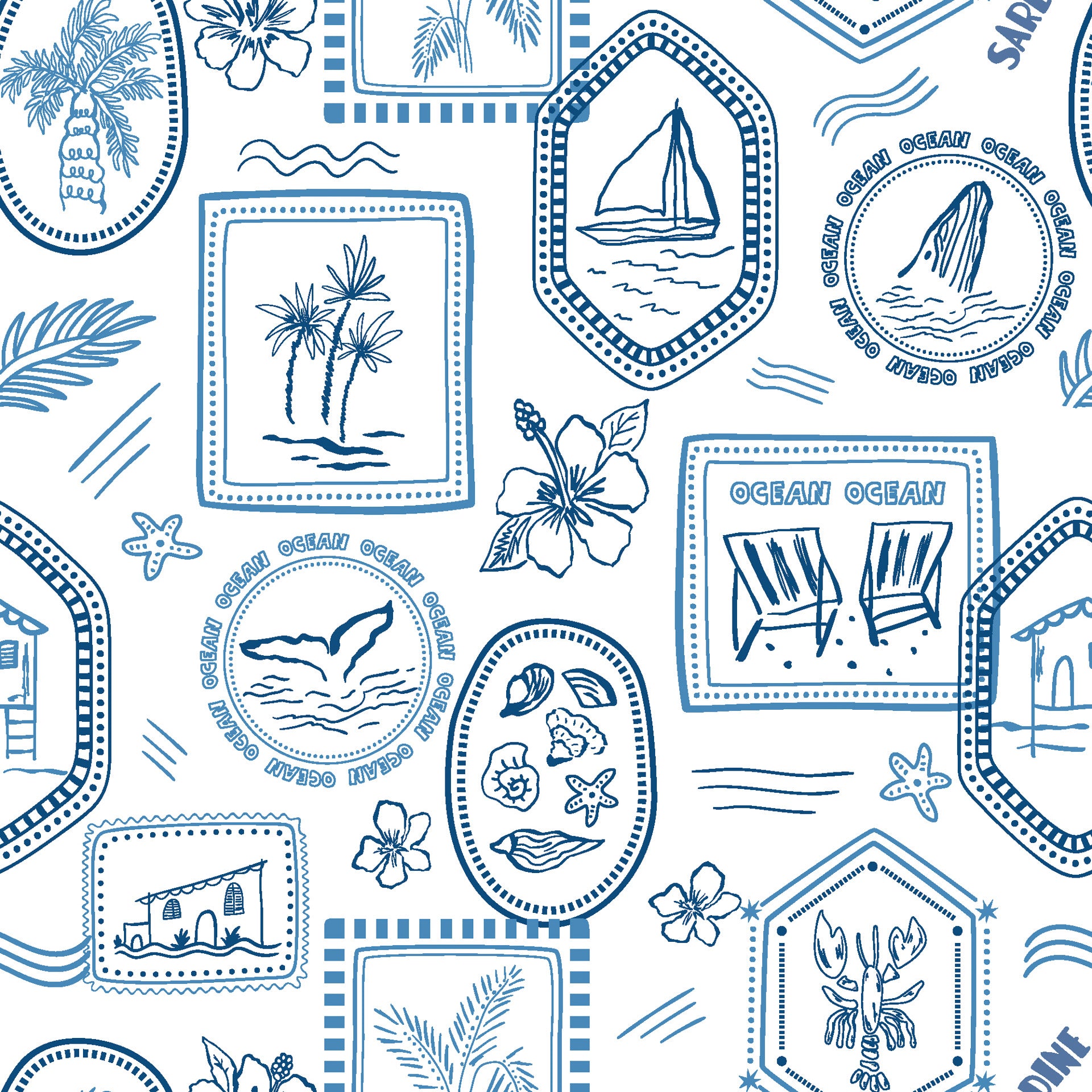 Coastal toile wallpaper pattern with hand drawn ocean scenes including sailboats, palm trees, seashells, whales, and tropical motifs in blue on a white background.