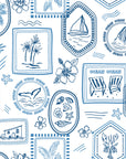 Coastal toile wallpaper pattern with hand drawn ocean scenes including sailboats, palm trees, seashells, whales, and tropical motifs in blue on a white background.
