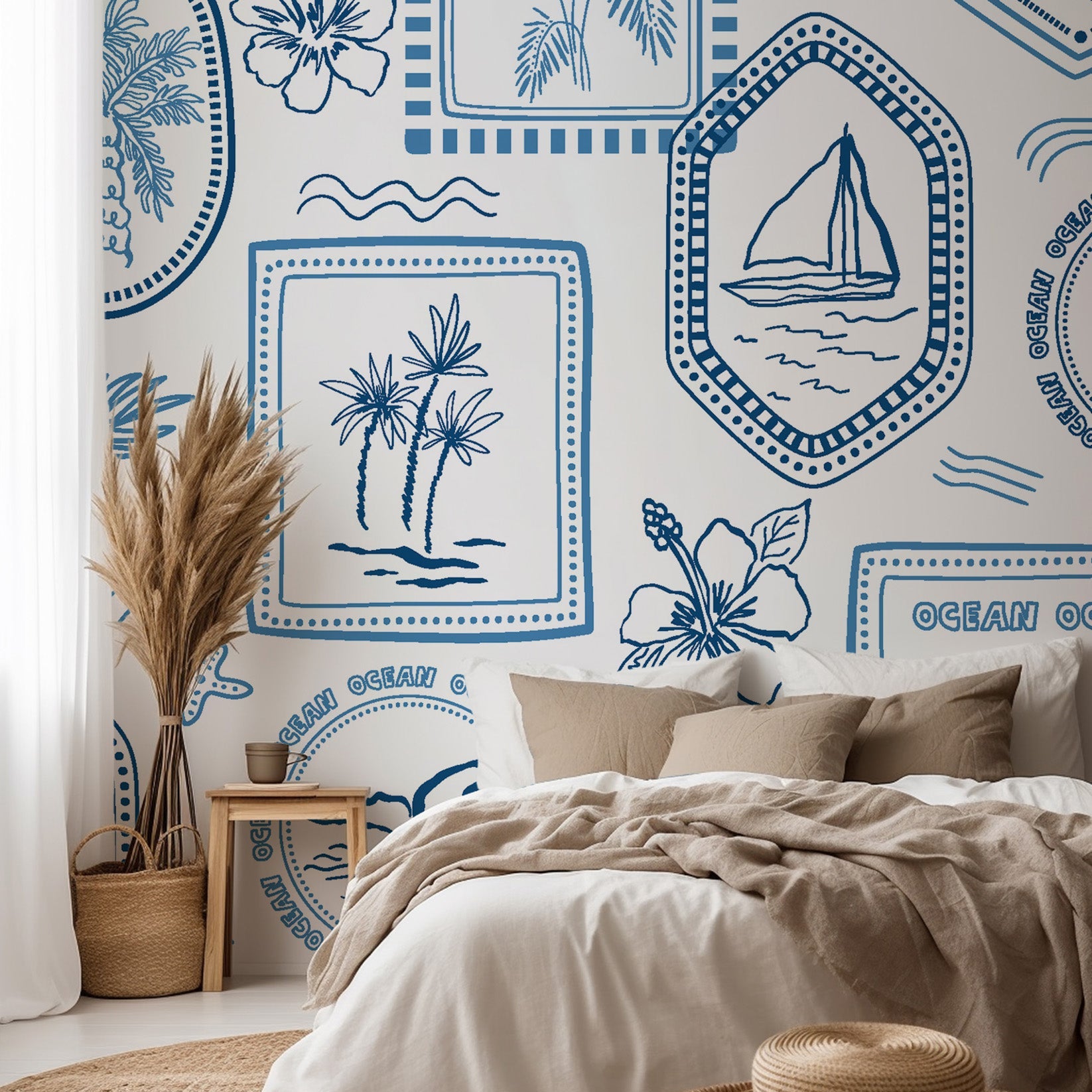Nautical toile wallpaper installed in a bedroom, featuring sailboats, palm trees, and ocean icons that evoke a classic coastal atmosphere.