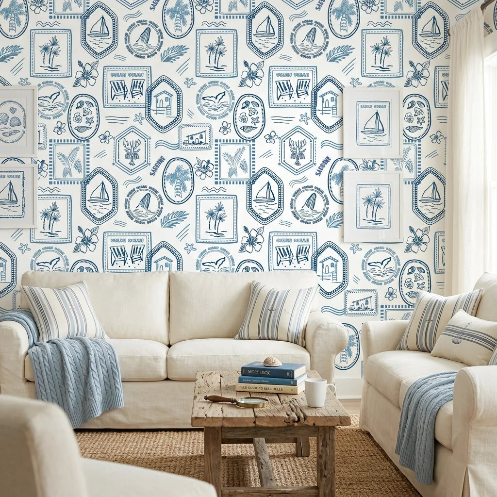 Azure Stamps travel theme wallpaper in a warm and inviting living room