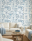 Azure Stamps travel theme wallpaper in a warm and inviting living room