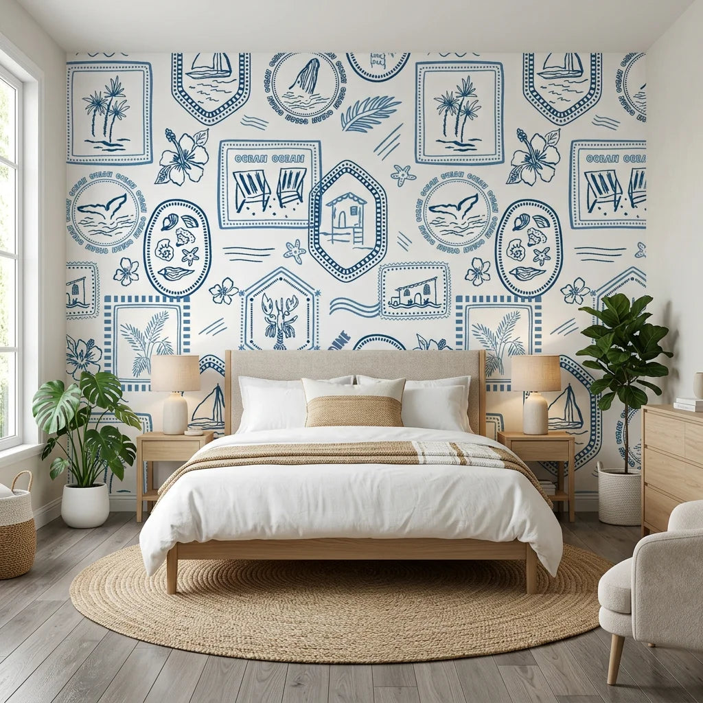 Azure Stamps travel theme wallpaper adding character to a cozy bedroom