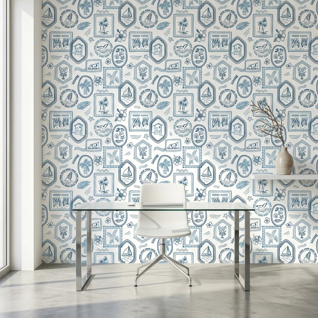 Azure Stamps travel theme wallpaper as a feature wall in a bright home office