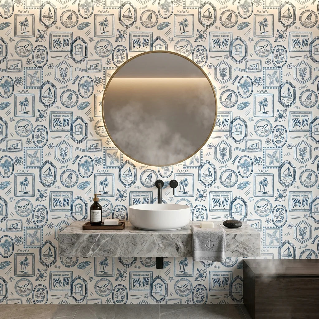 Azure Stamps travel theme wallpaper creating ambiance in a serene bathroom