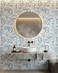 Azure Stamps travel theme wallpaper creating ambiance in a serene bathroom