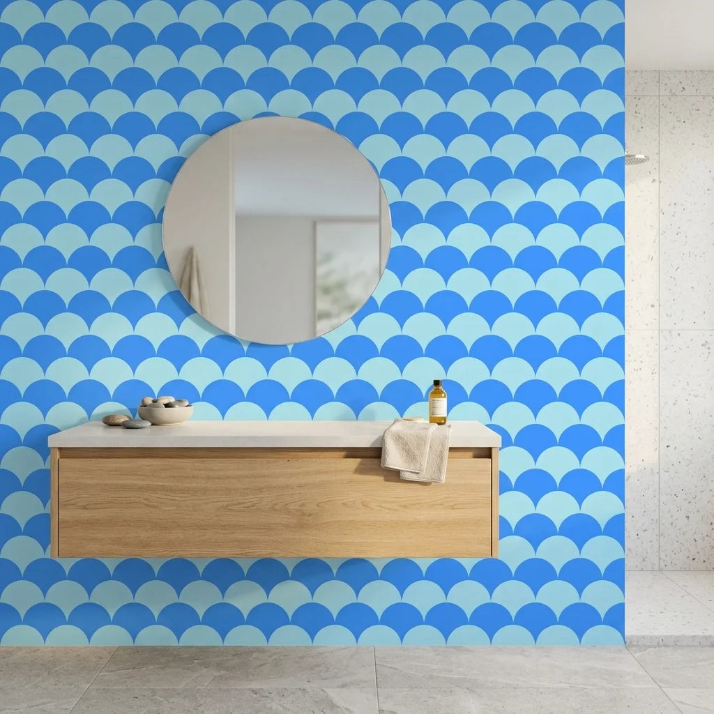 Azure Swell bold blue abstract arc wallpaper creating ambiance in a serene bathroom