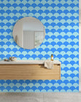 Azure Swell bold blue abstract arc wallpaper creating ambiance in a serene bathroom