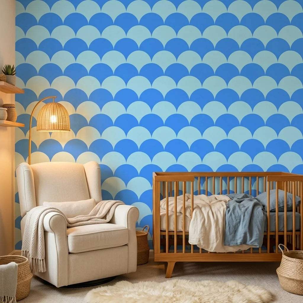 Azure Swell bold blue abstract arc wallpaper in a warm and inviting living room