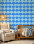 Azure Swell bold blue abstract arc wallpaper in a warm and inviting living room