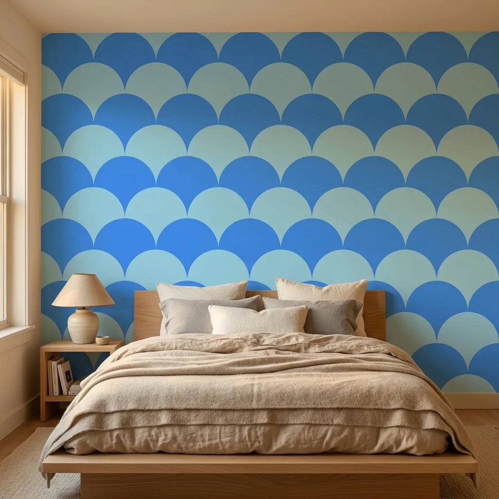 Azure Swell bold blue abstract arc wallpaper adding character to a cozy bedroom