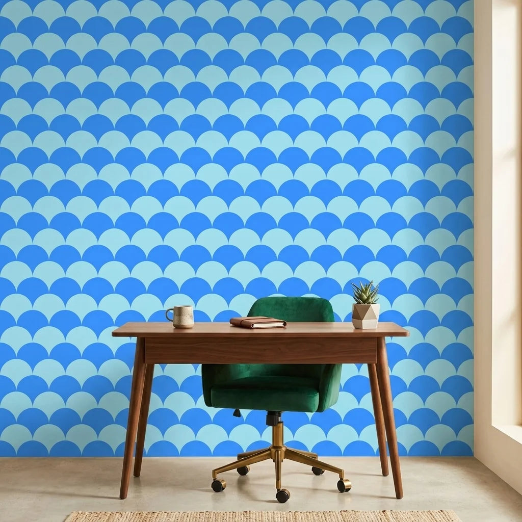 Azure Swell bold blue abstract arc wallpaper as a feature wall in a bright home office
