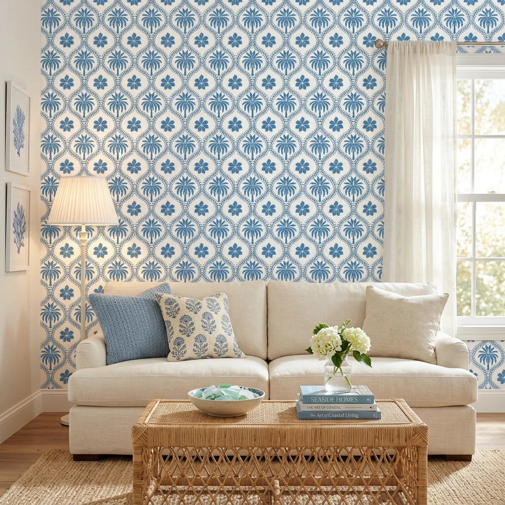 Azure Vista scenic toile wallpaper in a warm and inviting living room