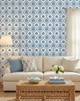 Azure Vista scenic toile wallpaper in a warm and inviting living room