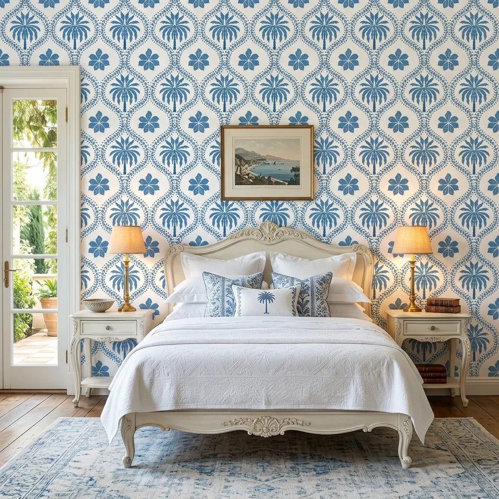 Azure Vista scenic toile wallpaper adding character to a cozy bedroom