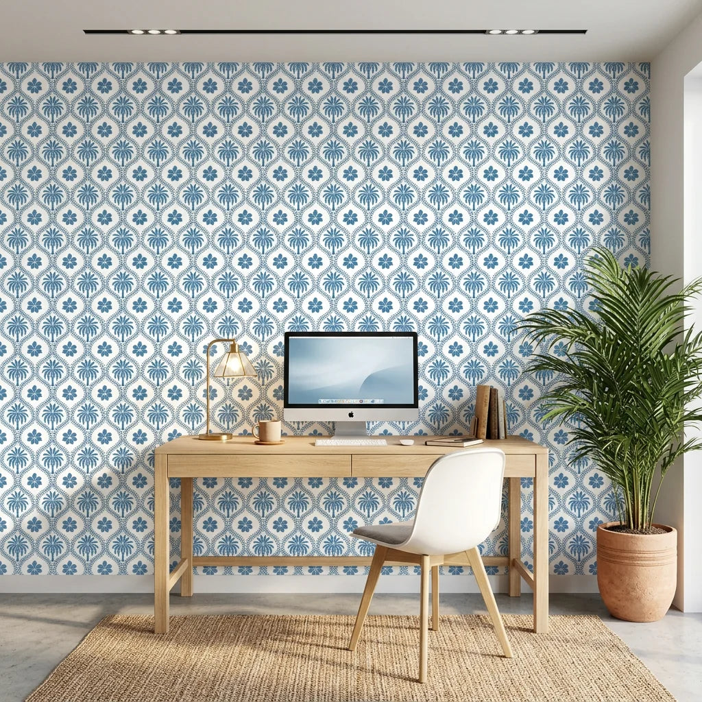 Azure Vista scenic toile wallpaper as a feature wall in a bright home office