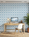 Azure Vista scenic toile wallpaper as a feature wall in a bright home office