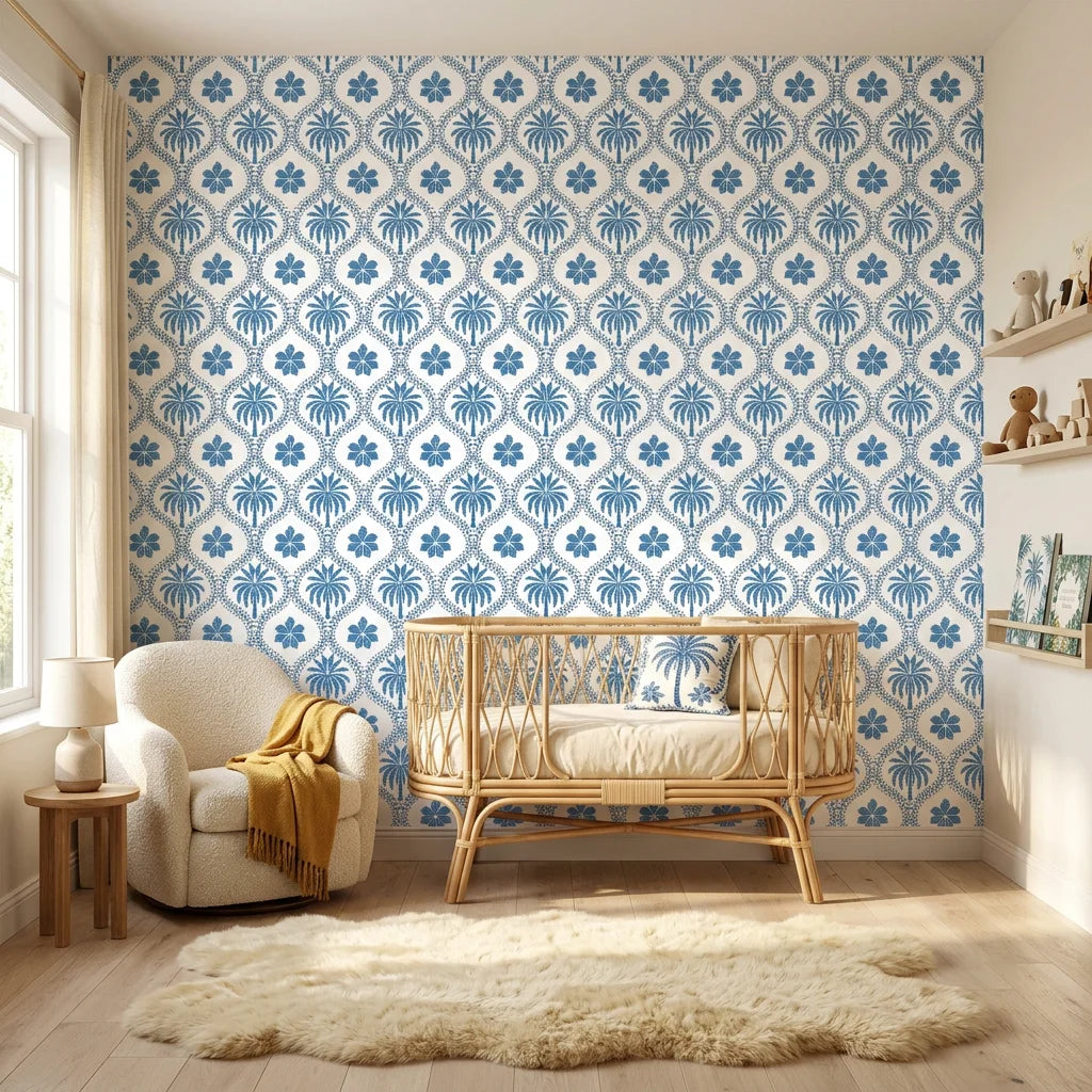 Azure Vista scenic toile wallpaper creating ambiance in a serene bathroom