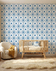 Azure Vista scenic toile wallpaper creating ambiance in a serene bathroom
