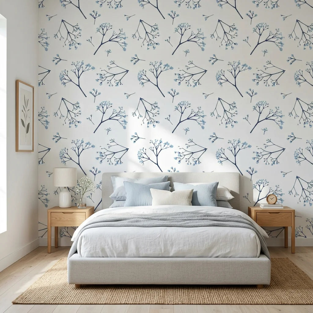 Azure Whisper blue sage wallpaper adding character to a cozy bedroom