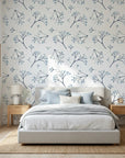Azure Whisper blue sage wallpaper adding character to a cozy bedroom