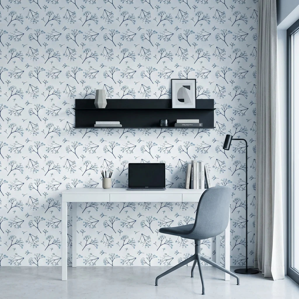Azure Whisper blue sage wallpaper as a feature wall in a bright home office
