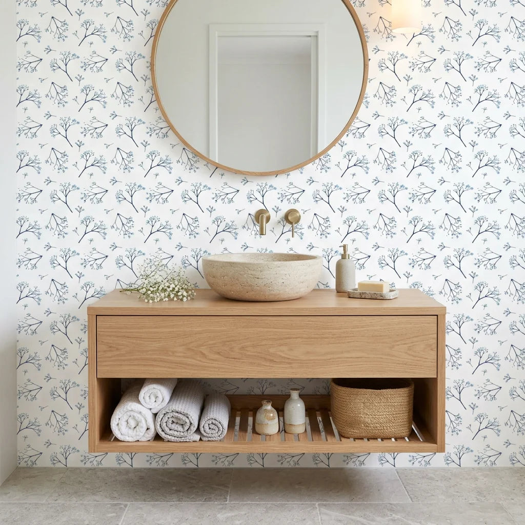 Azure Whisper blue sage wallpaper creating ambiance in a serene bathroom