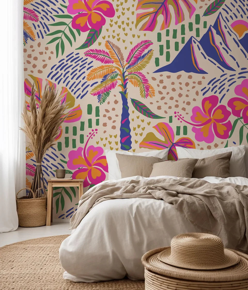 A vibrant Azure Aloha wallpaper design featuring pink hibiscus blooms and silhouettes of palm fronds