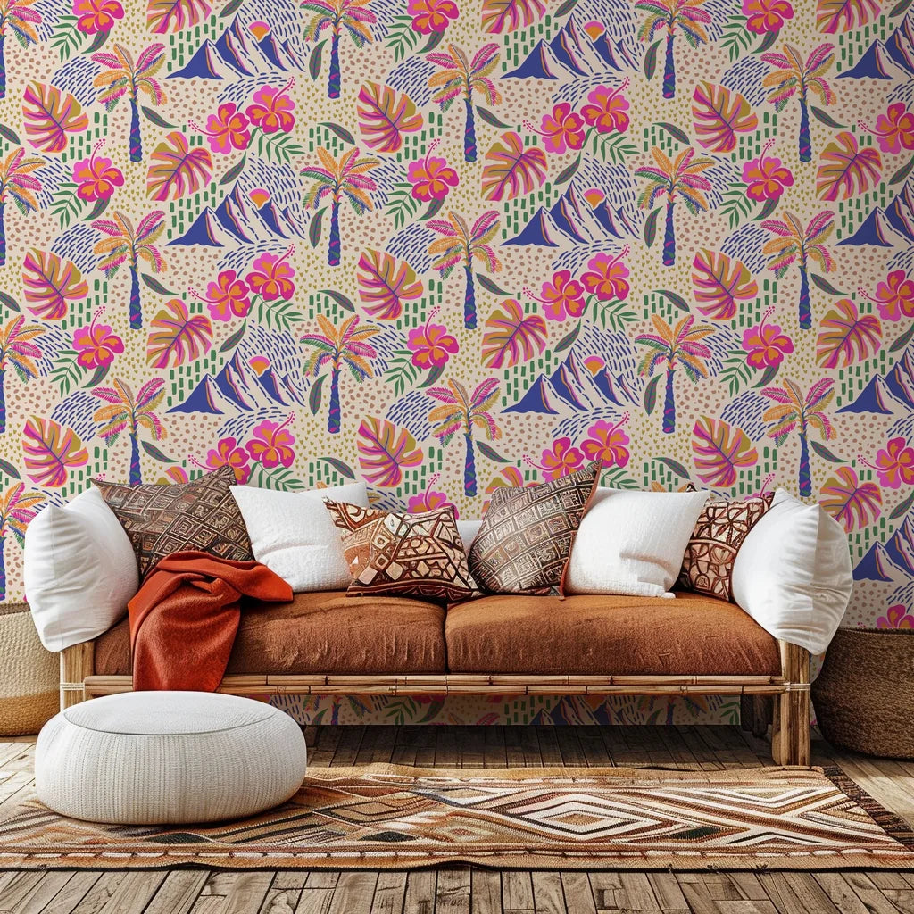 A vibrant wall covering of a tropical landscape, complete with palm trees and striking pink hibiscus flowers (Azure Aloha)