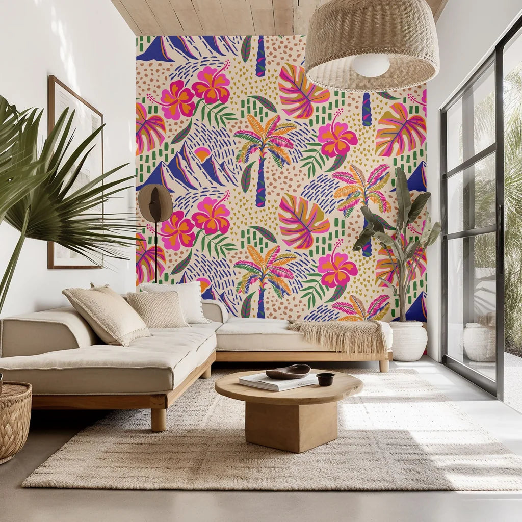 Wallpaper featuring a colorful tropical scene, accented by pink hibiscus blooms and verdant palm fronds