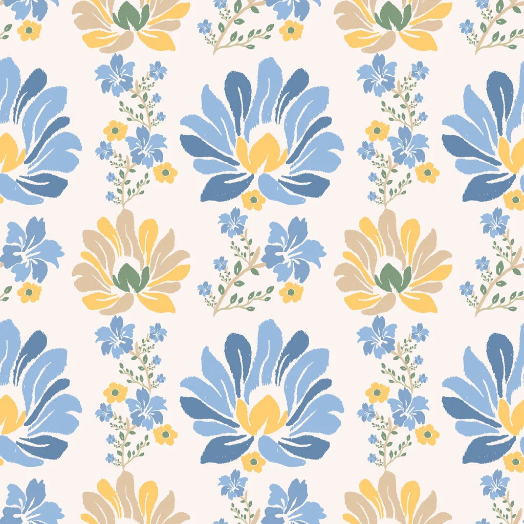 Self-adhesive, removable wallpaper featuring a folk art style pattern of yellow and blue flowers