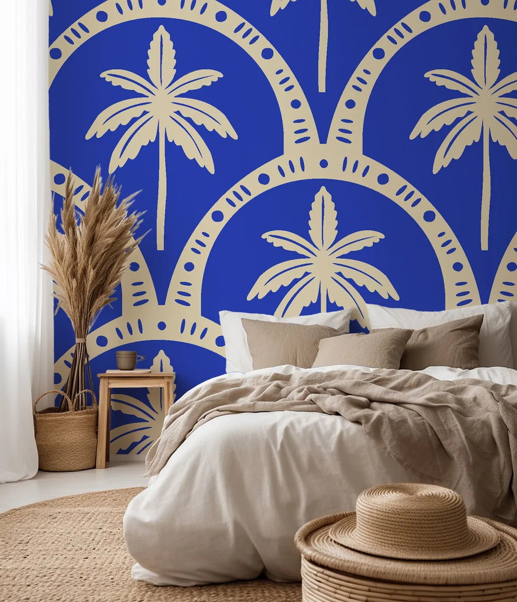 Smooth vibrant blue palm tree peel and stick wallpaper - Azure Canopy